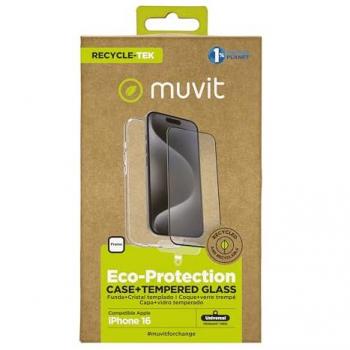 Funda Muvit para Apple iPhone 16 con Protector de Pantalla de Vidrio Templado Plano y Marco Negro