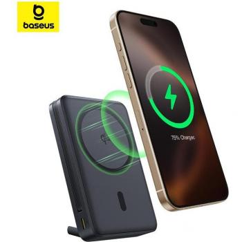 Power Bank Baseus Nomos Qi2 Magnético 10000mAh 45W con Soporte y Cable USB-C Integrado Carga Rápida Negro