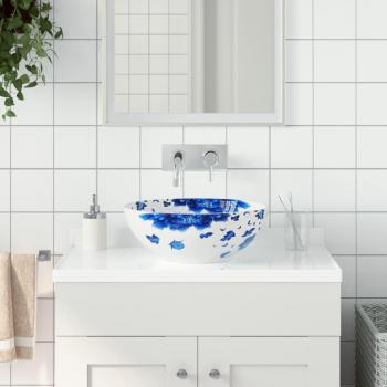 Lavabo sobre encimera redondo cerámica blanco y azul 41x14 cm
