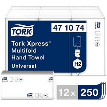 Tork Xpress Multifold 471074 H2 - Toallas de manos universales interplegadas para dispensador,12 x 250 unidades, color blanco