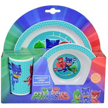 Juego de plato, cuenco y vaso para niños Pyjamasques - Set de utensilios de polipropileno para niños a partir de 3 años