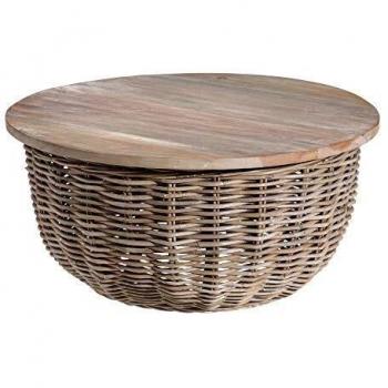 Mesa de Centro Cesta de rattán y Madera Gris de Ø 70x33 cm - LOLAhome