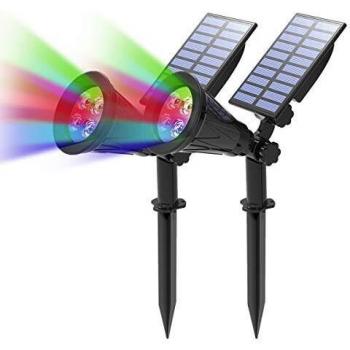 (2 Unidades ) T-SUN Foco Solar, Impermeable Luces Solares Exterior, 4 Color Cambio, 2 Modos de Iluminación Opcionales, ángulo de 180° Ajustable, Luz de Jardín para Entrada, Entrada, Camino.