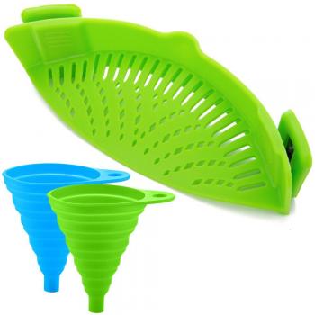 FineGood Colador de Silicona Snap con 2 embudos Plegables, Colgante a Prueba de Calor con Clip de Manos Libres Tazón de la Olla Pan - Verde
