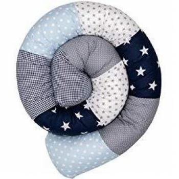 Funda de Cuna Ullenboom con Protector Serpente Azul, Gris Claro y Estrellas, 200x13 cm (Hecho en UE), Algodón y Suave Acolchado