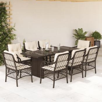 9-Piece Brown Poly Rattan Garden Dining Set with Cushions