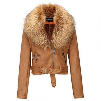 Giolshon Chaqueta Corta de Cuero de Gamuza Sintética para Mujer Abrigo de Motociclista con Minturón de Invierno y Cuello de Piel Desmontable 8830 Amarillo L