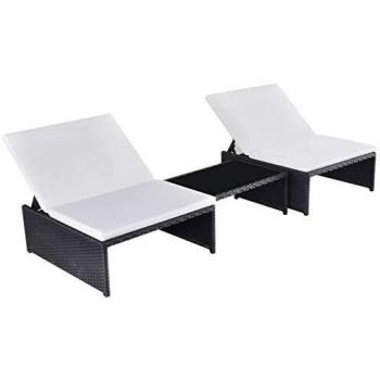 Black Poly Rattan Reclining Garden Chairs Set with Table (2 pcs)