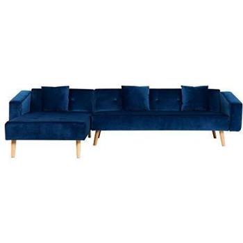 Sofá Cama Esquinero Reclinable de 4 Plazas con 3 Almohadas en Terciopelo Azul y Patas de Madera Clara, Versión Derecha Vadso