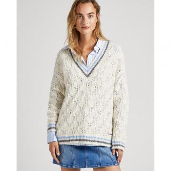 Jersey Eve Blanco Roto con Cuello Pico y Detalles Calados para Mujer Pepe Jeans