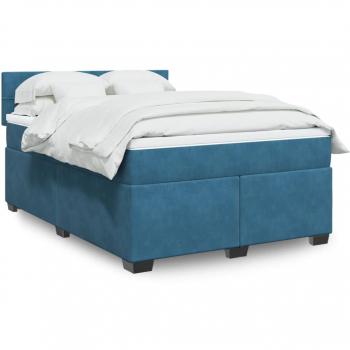Cama Box Spring de Muelles con Colchón Azul 140x190 cm en Terciopelo