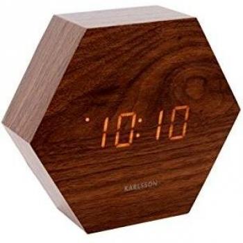 Reloj despertador de chapa de madera Karlsson Hexagon LED, tipo: reloj despertador, características: diseño hexagonal, material de chapa de madera, pantalla LED