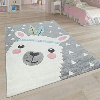 Alfombra Infantil Efecto 3D Diseño Adorable Alpaca Tonos Pastel Gris 200x290 cm - Paco Home