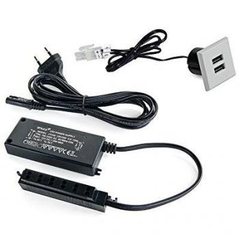 Emuca - Cargador USB universal tipo-A con 2 puertos para encastrar en mueble, color gris metalizado