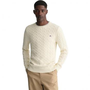 Gant Jersey Cable Beige para hombre con cuello redondo y punto de ochos en algodón