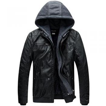 Wantdo Chaqueta Cuero PU para Hombre Capucha Removible Medium Negro Gruesa