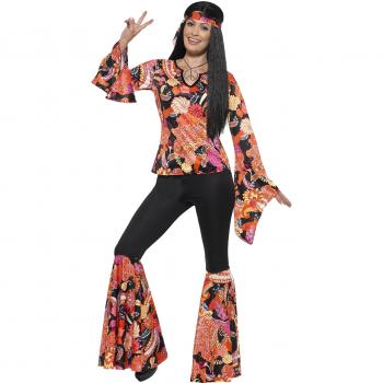 Disfraz de Hippy Multicolor para Mujer con Parte Superior, Pantalón, Pañuelo y Medallón - Talla XXL