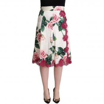 Dolce & Gabbana White Rose Print High Waist Midi A-line Skirt - IT38|XS