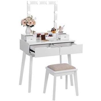 ANWBROAD Tocador con Espejo Iluminado 10 Bombillas LED Mesa con 4 cajones 2 separadores para Manualidades Taburete Acolchado Organizador móvil Blanco BDT06W