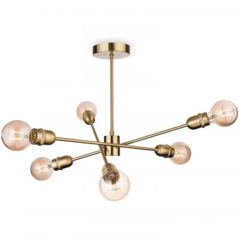 Plafón Trident de latón cepillado, 6 bombillas, 42 cm, semiempotrado, con brazos múltiples, casquillo E27