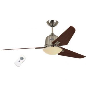 Ventilador de techo DC Eco Aviatos BN-KI, moderno, 132 cm, cromo cepillado, aspas de arce, con lámpara, ultra silencioso