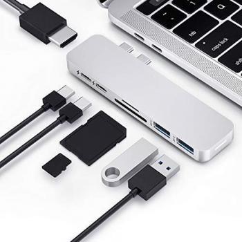 HyperDrive Adaptador USB C, 7 en 2 Conector Múltiples USB con 40 Mbps 100 W, USB-C 5 Gbps, 4K HDMI, Lector de Tarjetas MicroSD/SD, 2 USB 3.1, Sanho Drive Hub para Macbook Pro 2020 2019, Plateado