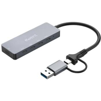 Hub Ewent EW1151 USB Tipo C 10 Gbps 4 en 1 con Ethernet Gigabit y carga rápida, adaptador multipuerto gris