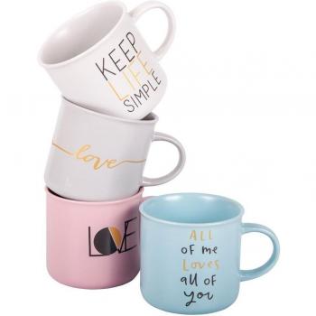 Creaciones Meng 15492 Juego de Tazas de Desayuno, Gres, Multicolor, 18x18x7 cm, 4 Unidades