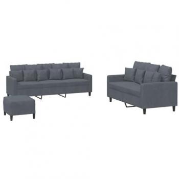 Sofá de 3 piezas con almohadas de terciopelo gris oscuro