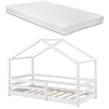 Cama para niños tipo casita con colchón ortopédico, reja de seguridad y somier - Pino blanco 90 x 200 cm