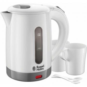 Russell Hobbs Hervidor de Agua Eléctrico Travel - 0,85 litros, 1000 W, Hervidor de Viaje, 2 Tazas y Cucharas, Filtro Extraíble, Indicador del Nivel de Agua, Plástico, Blanco - 23840-70