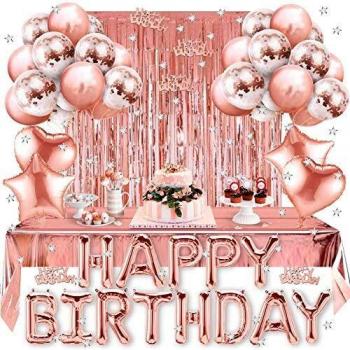 Globos Cumpleaños Decoraciones,Decoración de Fiesta de Feliz Cumpleaños de Oro Rosa, Globos de Papel de Aluminio y Látex,Globos Oro Rosa Cortina Manteles para Mujeres Adultas