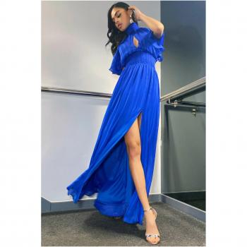 Goddiva Keyhole High Neck Flutter Sleeve Maxi Dress - Royal Blue