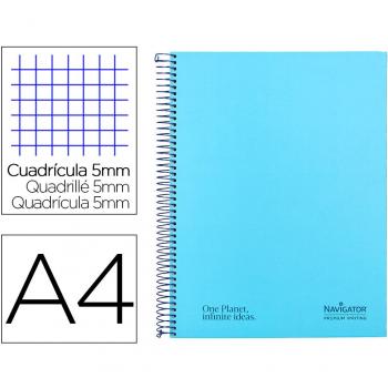 Cuaderno espiral Navigator A4 micro tapa forrada 80h 80gr cuadro 5 mm 1 banda color celeste