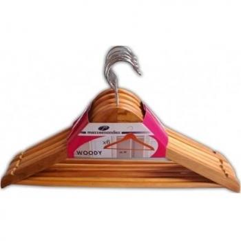 M Home Lote de 6 Perchas Triangulares Barnizada con Barra, Madera, Natural, 44x4x22 cm