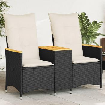 Sofá reclinable de jardín de 2 plazas con mesa de centro de Polyrattan negro