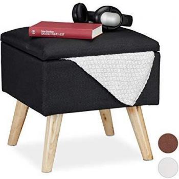Taburete Bajo con Almacenamiento, Puff Asiento Plegable, Baúl de Madera y Tela, 40 x 40 x 40 cm, Negro - Relaxdays
