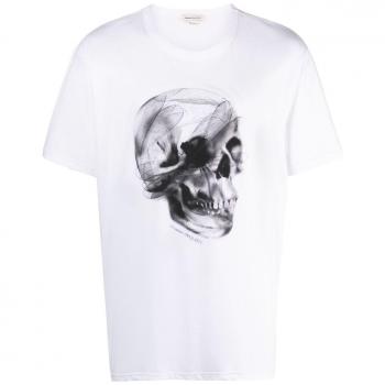 Alexander McQueen Men's Skull Print Organic Cotton T-Shirt in White | Size Medium | 776326QTAAV0909