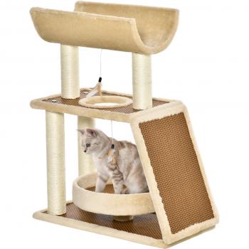 Árbol Rascador para Gatos PawHut 60x30x76 cm con Cama de Lino Postes de Sisal Plataforma Rampa y Juguetes Colgantes Beige y Marrón