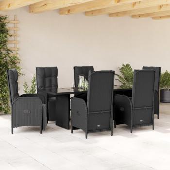 7-Piece Black Poly Rattan Garden Dining Set with Cushions
