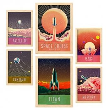 Set de 6 Posters Espaciales con Estética Collage para Decoración de Interiores - Tamaños A3 y A4 con Marco de Madera Clara