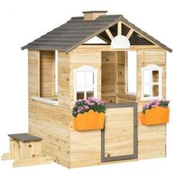 Casa de Jardín Infantil de Madera Outsunny con Ventanas, 2 Jardineras y 1 Banco, Dimensiones: 113x94x134,5 cm, Para Niños de 3 a 7 Años, Color