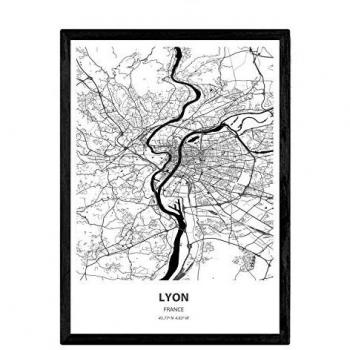 Póster A3 de Mapa de Lyon, Francia - Lámina en Color Negro con Mares y Ríos (sin Marco)