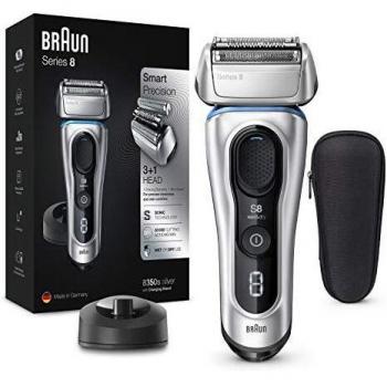 Braun Series 8 Afeitadora Eléctrica Hombre, Máquina de Afeitar Barba con Tecnología Sónica y Cabezal 3en1 Cabezal, Base de Carga, Funda, Recargable, Inalámbrica, 8350 S, Plata