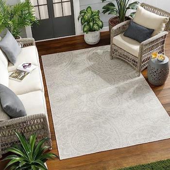Surya - Alfombra Moderna de Exterior e Interior Geométrica Alanya, Resistente a los Rayos UV y a las Manchas, Marfil y Gris, 120 x 170 cm