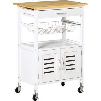 HOMCOM Carrito de Cocina con Ruedas Carro de Almacenamiento Multiuso con Encimera de Bambú Cajón Cesta Metálica y Armario de 2 Puertas de Persiana