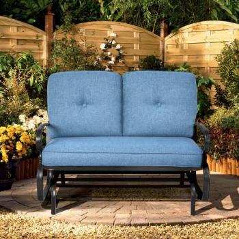 Outdoor Patio Cushioned Rocking Bench Loveseat Glider with Blue Cushion
