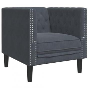 Sillón Chesterfield de terciopelo gris oscuro con diseño clásico, tapizado en terciopelo suave, estructura robusta, patas de madera elegantes, estilo vintage y comodidad ergonómica