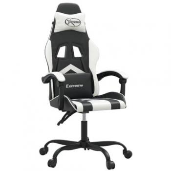 Silla gaming cuero sintético negro y blanco con reposabrazos, ruedas giratorias, altura ajustable, diseño profesional para estudio, oficina y casa