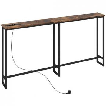 Mesa Consola Estrecha HOMCOM de Melamina y Acero Marrón Rústico con Estación de Carga 160x20x80 cm